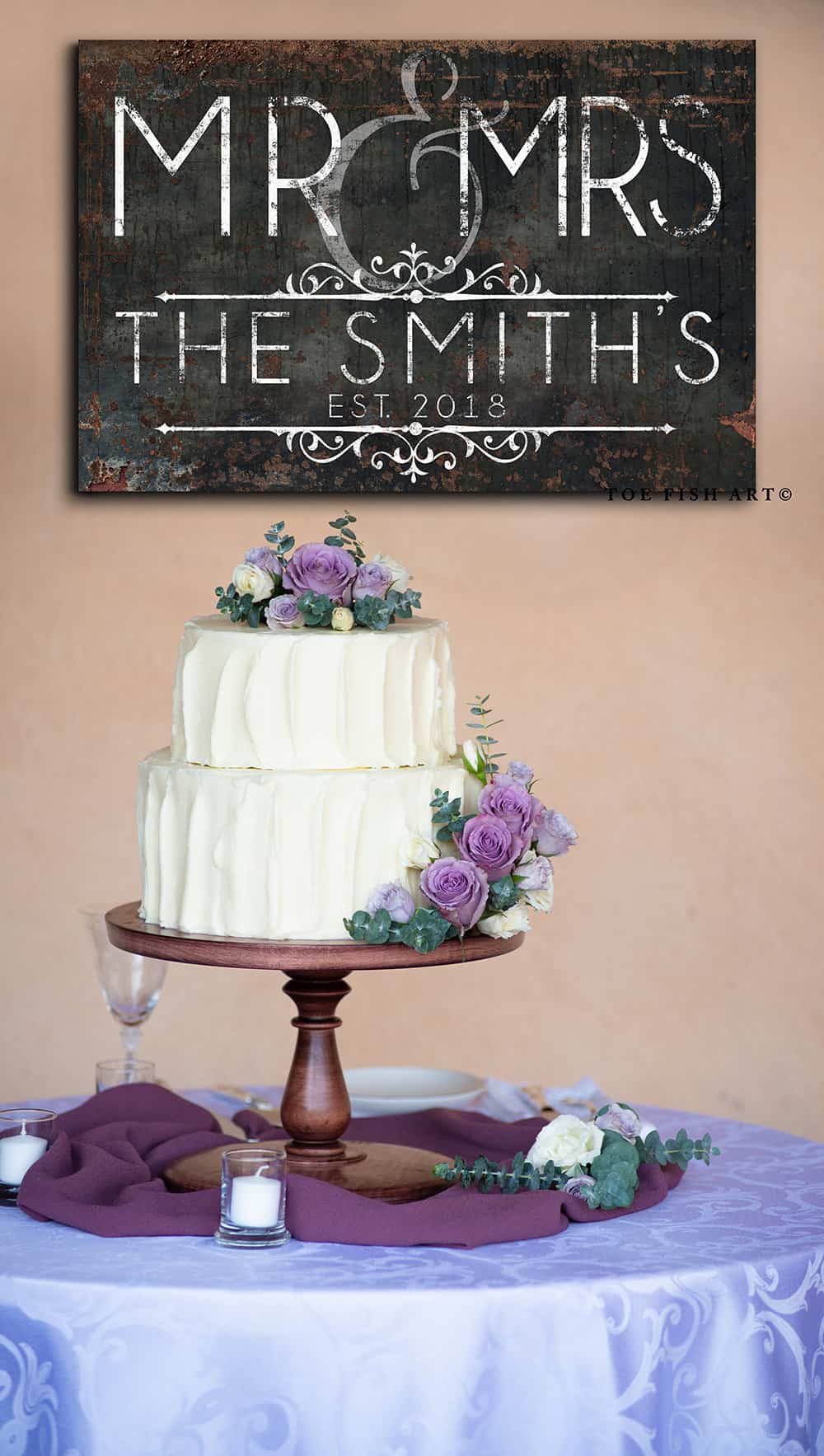 Mr & Mrs Sign handmade by ToeFishArt. Original, custom, personalized wall decor signs. Canvas, Wood or Metal. Rustic modern farmhouse, cottagecore, vintage, retro, industrial, Americana, primitive, country, coastal, minimalist.