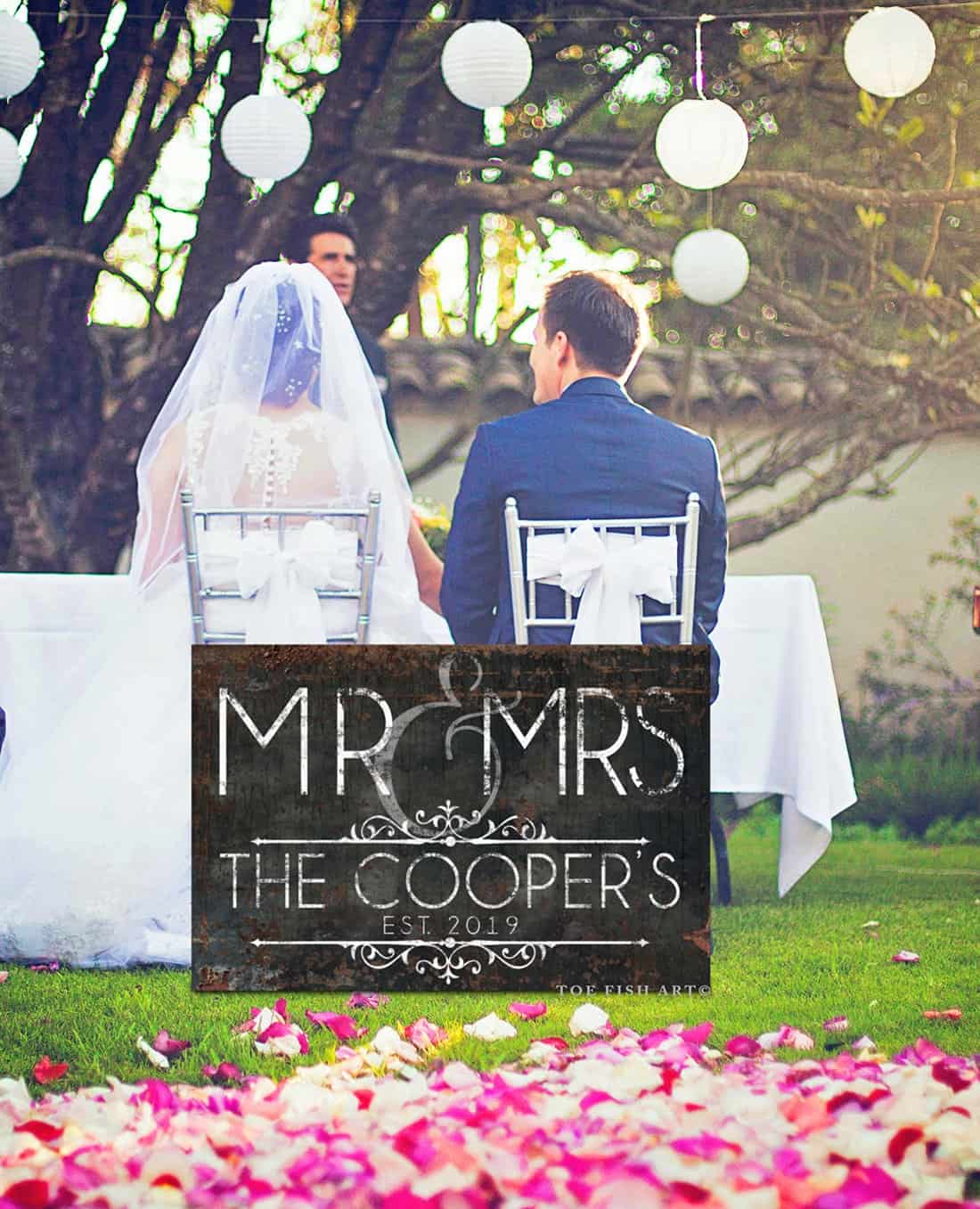 Mr & Mrs Sign handmade by ToeFishArt. Original, custom, personalized wall decor signs. Canvas, Wood or Metal. Rustic modern farmhouse, cottagecore, vintage, retro, industrial, Americana, primitive, country, coastal, minimalist.