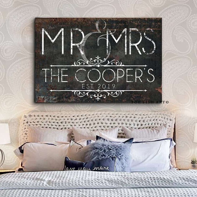 Mr & Mrs Sign handmade by ToeFishArt. Original, custom, personalized wall decor signs. Canvas, Wood or Metal. Rustic modern farmhouse, cottagecore, vintage, retro, industrial, Americana, primitive, country, coastal, minimalist.