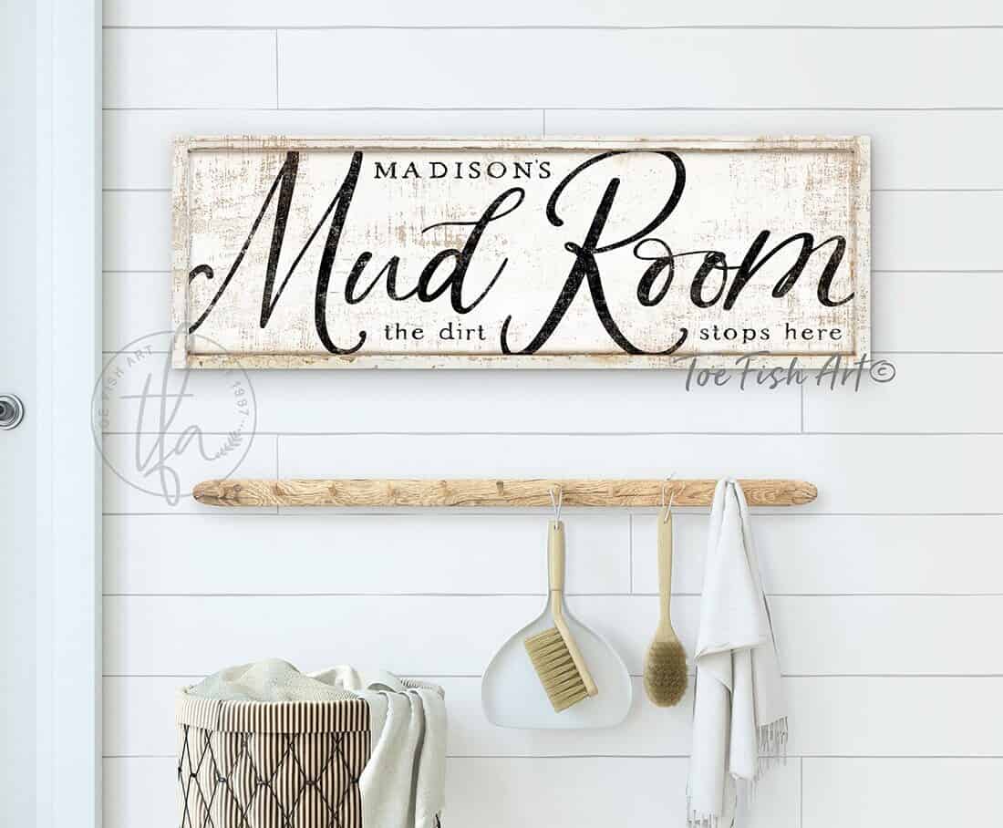 Mud Room Personalized Sign, The Dirt Stops Here, Stylish Witty Modern Farmhouse Wall Art for Laundry Room Entryway Decor handmade by ToeFishArt. Original, custom, personalized wall decor signs. Canvas, Wood or Metal. Rustic modern farmhouse, cottagecore, vintage, retro, industrial, Americana, primitive, country, coastal, minimalist.