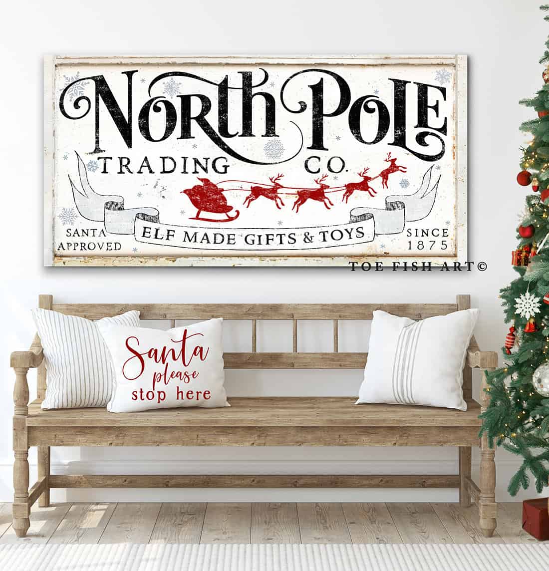 North Pole Trading Co. Sign handmade by ToeFishArt. Original, custom, personalized wall decor signs. Canvas, Wood or Metal. Rustic modern farmhouse, cottagecore, vintage, retro, industrial, Americana, primitive, country, coastal, minimalist.