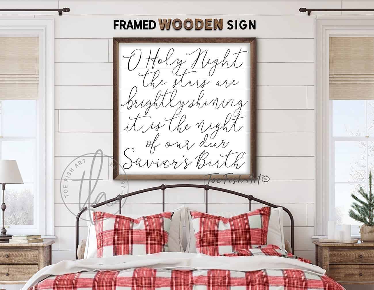 O Holy Night Sign handmade by ToeFishArt. Original, custom, personalized wall decor signs. Canvas, Wood or Metal. Rustic modern farmhouse, cottagecore, vintage, retro, industrial, Americana, primitive, country, coastal, minimalist.
