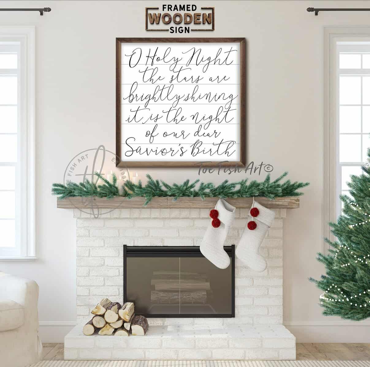 O Holy Night Sign handmade by ToeFishArt. Original, custom, personalized wall decor signs. Canvas, Wood or Metal. Rustic modern farmhouse, cottagecore, vintage, retro, industrial, Americana, primitive, country, coastal, minimalist.