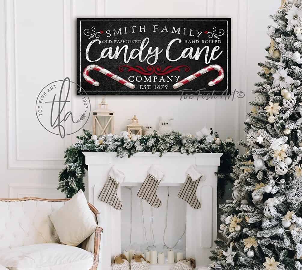 Old Fashioned Candy Cane Company Sign handmade by ToeFishArt. Original, custom, personalized wall decor signs. Canvas, Wood or Metal. Rustic modern farmhouse, cottagecore, vintage, retro, industrial, Americana, primitive, country, coastal, minimalist.