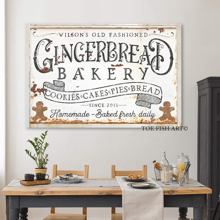 Old Fashioned Gingerbread Bakery Sign handmade by ToeFishArt. Original, custom, personalized wall decor signs. Canvas, Wood or Metal. Rustic modern farmhouse, cottagecore, vintage, retro, industrial, Americana, primitive, country, coastal, minimalist.
