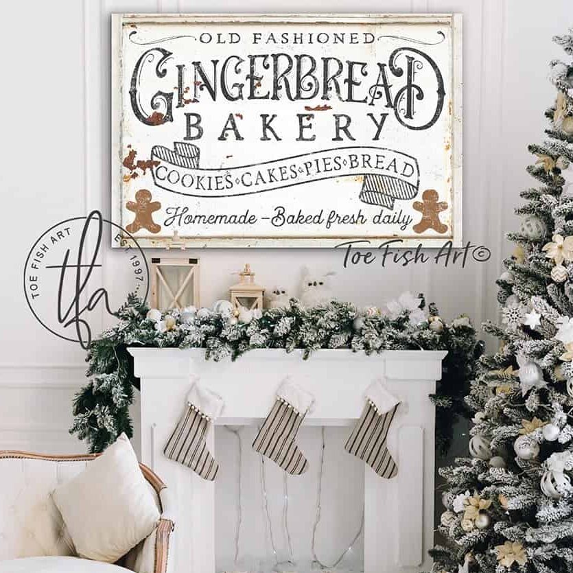 Old Fashioned Gingerbread Bakery Sign handmade by ToeFishArt. Original, custom, personalized wall decor signs. Canvas, Wood or Metal. Rustic modern farmhouse, cottagecore, vintage, retro, industrial, Americana, primitive, country, coastal, minimalist.