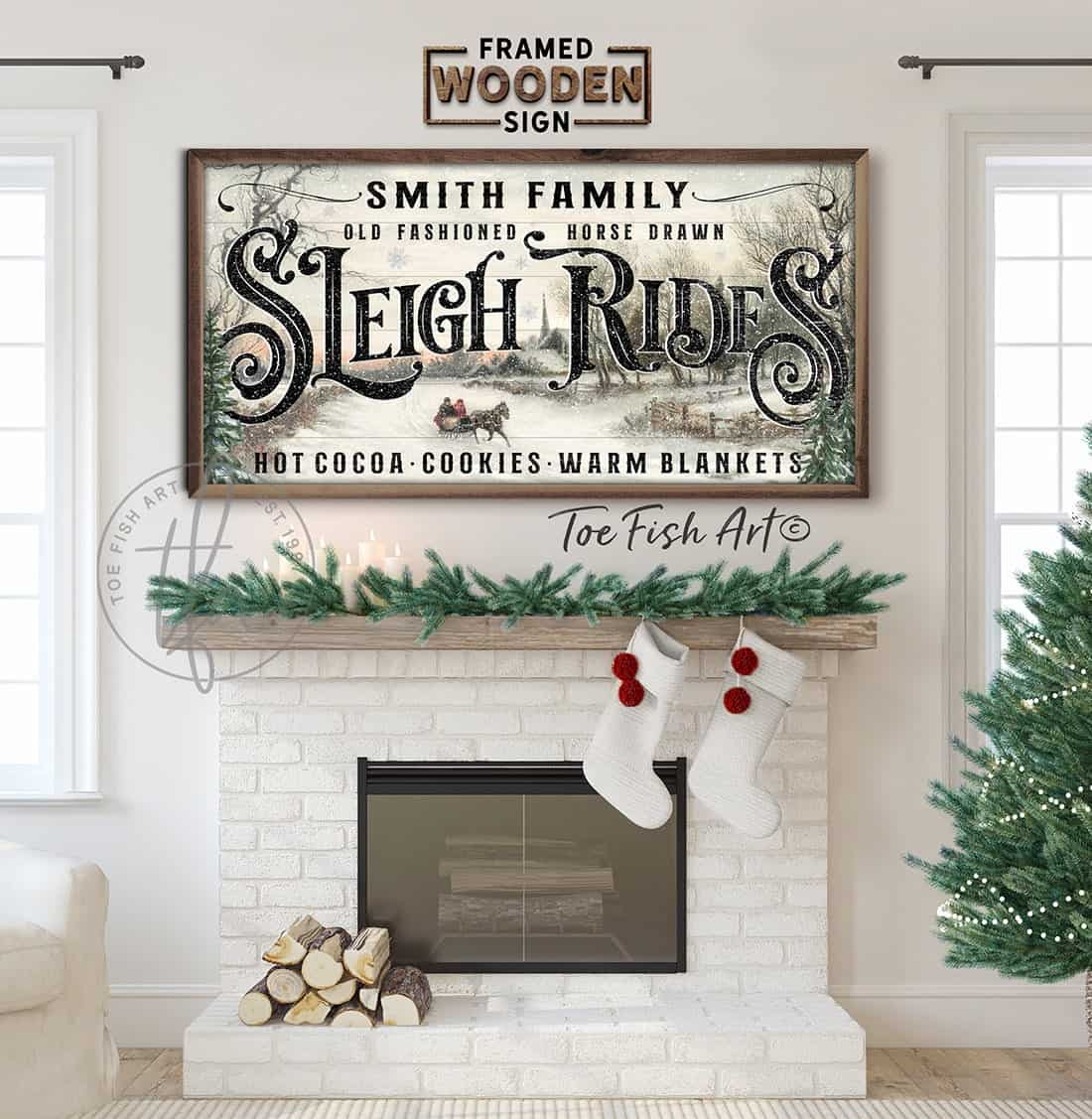 Old Fashioned Horse Drawn Sleigh Rides Sign handmade by ToeFishArt. Original, custom, personalized wall decor signs. Canvas, Wood or Metal. Rustic modern farmhouse, cottagecore, vintage, retro, industrial, Americana, primitive, country, coastal, minimalist.