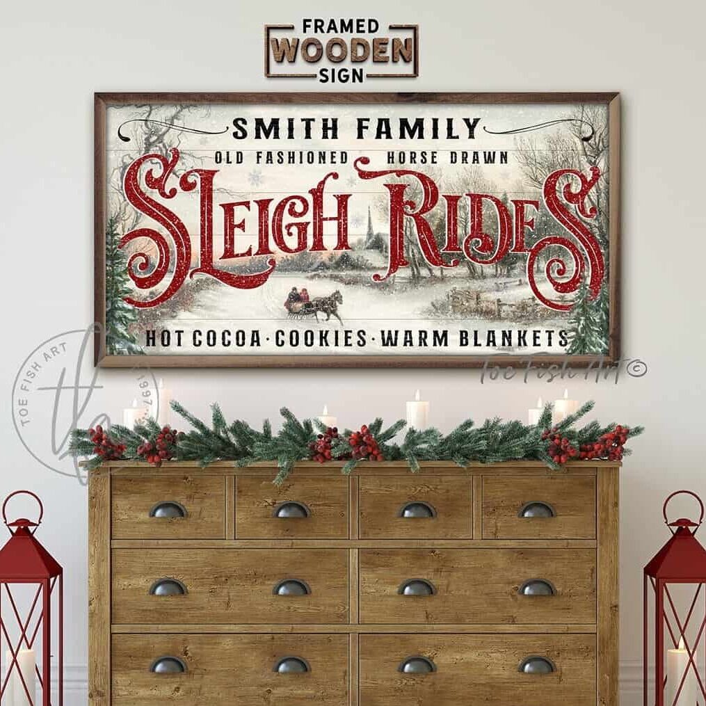 Old Fashioned Horse Drawn Sleigh Rides Sign handmade by ToeFishArt. Original, custom, personalized wall decor signs. Canvas, Wood or Metal. Rustic modern farmhouse, cottagecore, vintage, retro, industrial, Americana, primitive, country, coastal, minimalist.