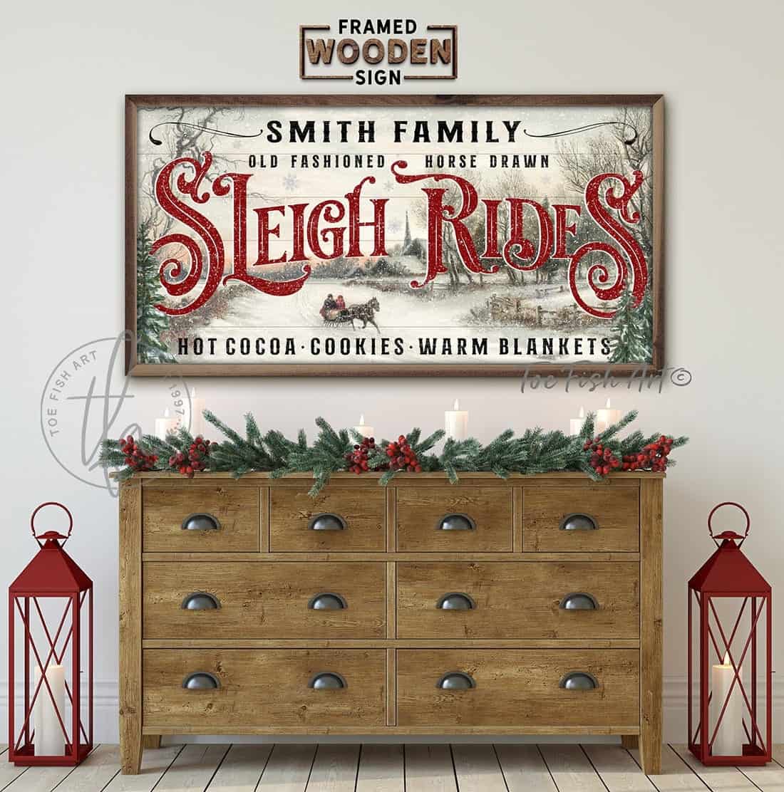 Old Fashioned Horse Drawn Sleigh Rides Sign handmade by ToeFishArt. Original, custom, personalized wall decor signs. Canvas, Wood or Metal. Rustic modern farmhouse, cottagecore, vintage, retro, industrial, Americana, primitive, country, coastal, minimalist.