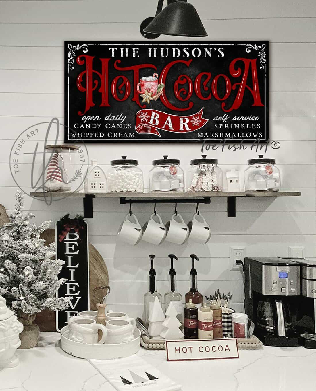 Old Fashioned Hot Cocoa Bar Sign handmade by ToeFishArt. Original, custom, personalized wall decor signs. Canvas, Wood or Metal. Rustic modern farmhouse, cottagecore, vintage, retro, industrial, Americana, primitive, country, coastal, minimalist.