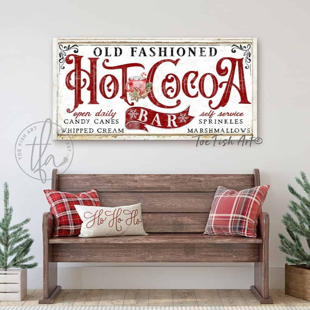 Old Fashioned Hot Cocoa Bar Sign handmade by ToeFishArt. Original, custom, personalized wall decor signs. Canvas, Wood or Metal. Rustic modern farmhouse, cottagecore, vintage, retro, industrial, Americana, primitive, country, coastal, minimalist.