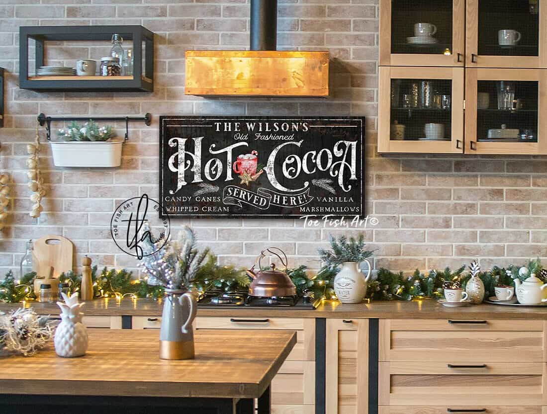 Old Fashioned Hot Cocoa Sign handmade by ToeFishArt. Original, custom, personalized wall decor signs. Canvas, Wood or Metal. Rustic modern farmhouse, cottagecore, vintage, retro, industrial, Americana, primitive, country, coastal, minimalist.