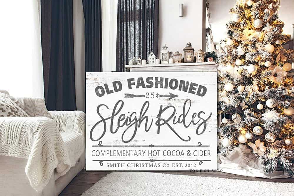 Old Fashioned Sleigh Rides Sign handmade by ToeFishArt. Original, custom, personalized wall decor signs. Canvas, Wood or Metal. Rustic modern farmhouse, cottagecore, vintage, retro, industrial, Americana, primitive, country, coastal, minimalist.