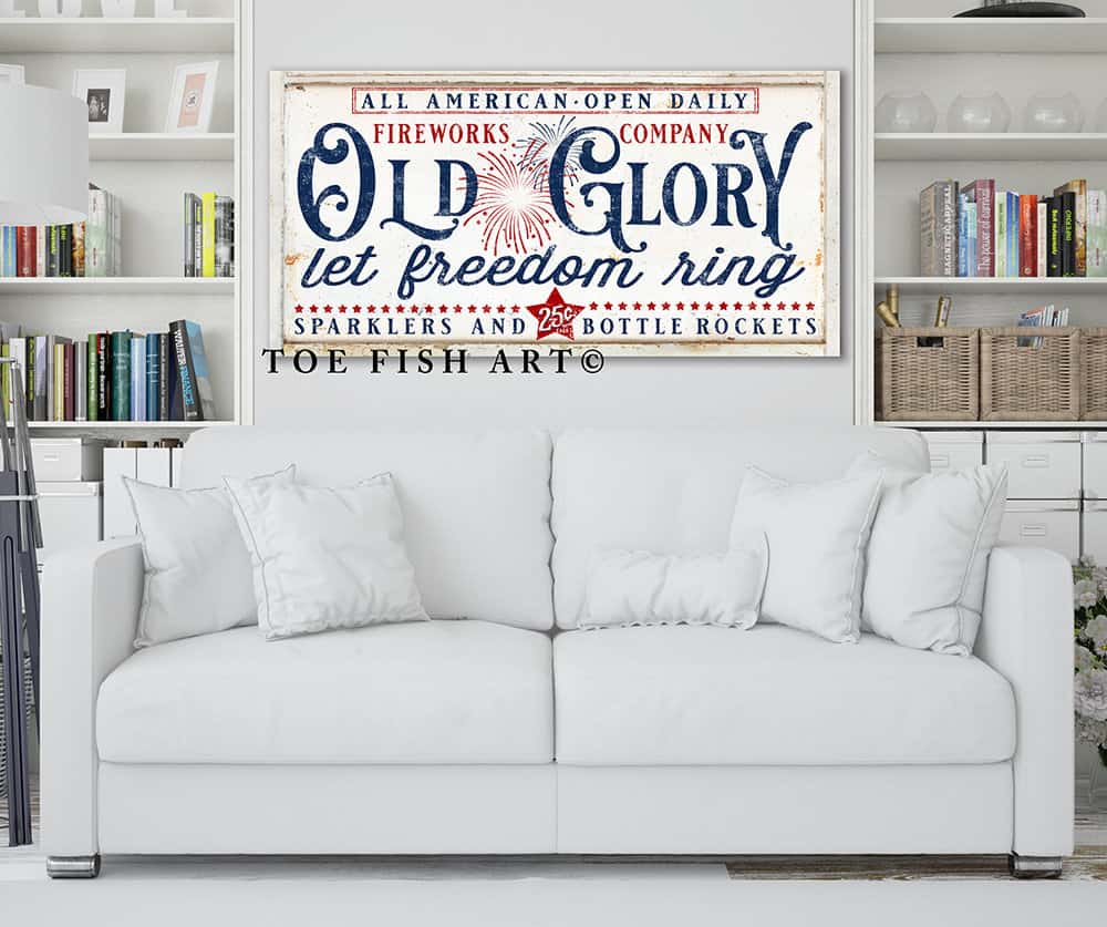 Old Glory Fireworks Company Sign handmade by ToeFishArt. Original, custom, personalized wall decor signs. Canvas, Wood or Metal. Rustic modern farmhouse, cottagecore, vintage, retro, industrial, Americana, primitive, country, coastal, minimalist.