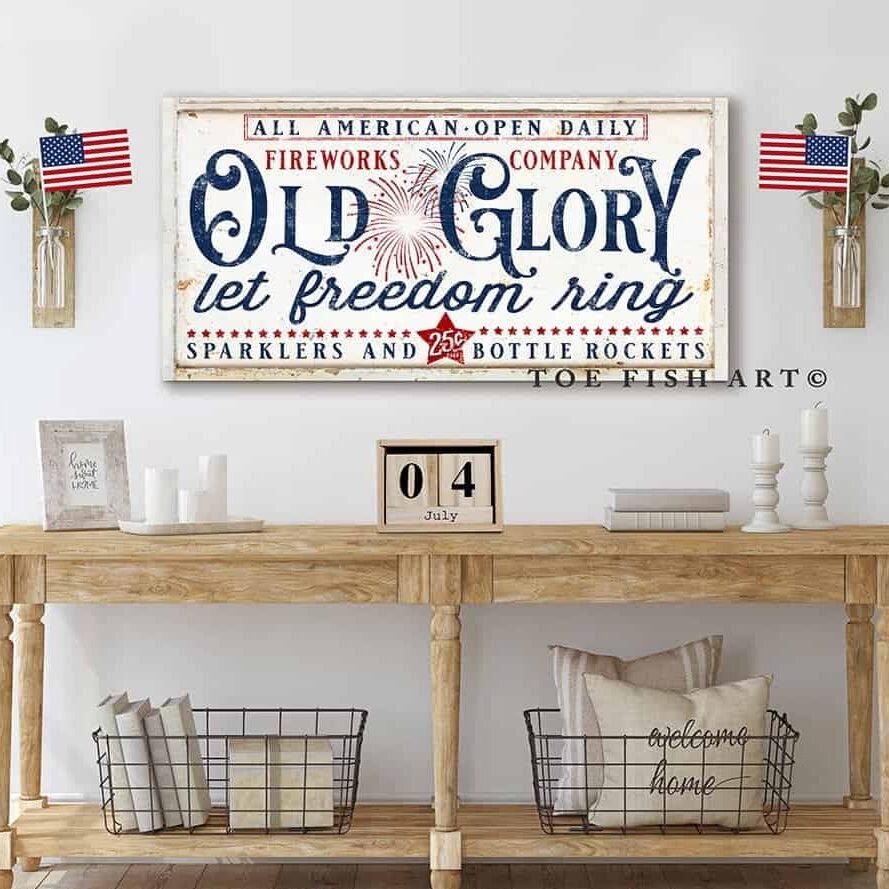 Old Glory Fireworks Company Sign handmade by ToeFishArt. Original, custom, personalized wall decor signs. Canvas, Wood or Metal. Rustic modern farmhouse, cottagecore, vintage, retro, industrial, Americana, primitive, country, coastal, minimalist.
