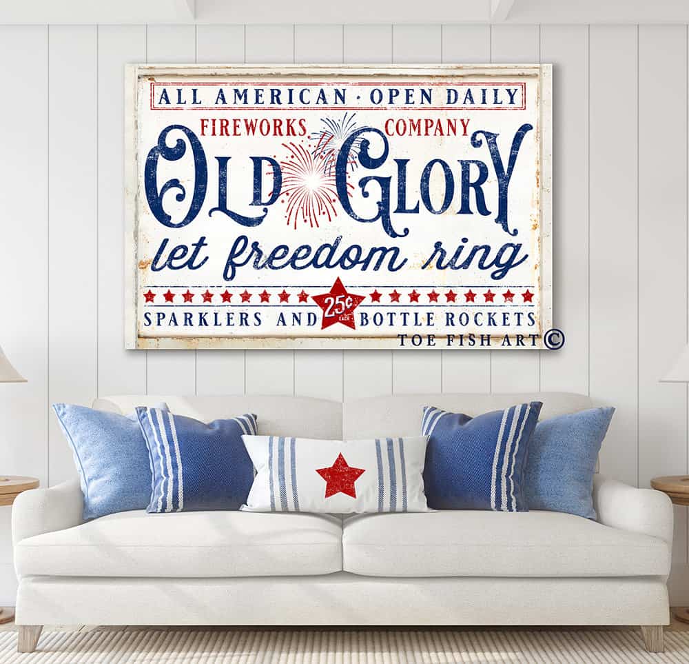 Old Glory Fireworks Company Sign handmade by ToeFishArt. Original, custom, personalized wall decor signs. Canvas, Wood or Metal. Rustic modern farmhouse, cottagecore, vintage, retro, industrial, Americana, primitive, country, coastal, minimalist.