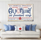 Old Glory Fireworks Company Sign handmade by ToeFishArt. Original, custom, personalized wall decor signs. Canvas, Wood or Metal. Rustic modern farmhouse, cottagecore, vintage, retro, industrial, Americana, primitive, country, coastal, minimalist.