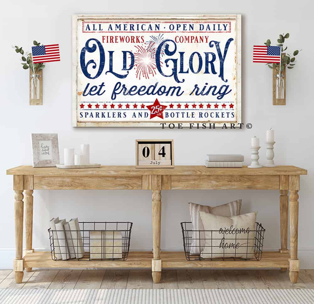 Old Glory Fireworks Company Sign handmade by ToeFishArt. Original, custom, personalized wall decor signs. Canvas, Wood or Metal. Rustic modern farmhouse, cottagecore, vintage, retro, industrial, Americana, primitive, country, coastal, minimalist.