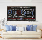 Old Glory Fireworks Company Sign handmade by ToeFishArt. Original, custom, personalized wall decor signs. Canvas, Wood or Metal. Rustic modern farmhouse, cottagecore, vintage, retro, industrial, Americana, primitive, country, coastal, minimalist.