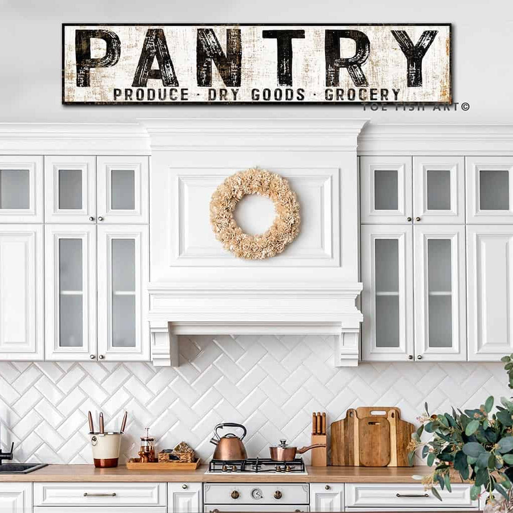 Pantry Produce Dry Goods Grocery Sign handmade by ToeFishArt. Original, custom, personalized wall decor signs. Canvas, Wood or Metal. Rustic modern farmhouse, cottagecore, vintage, retro, industrial, Americana, primitive, country, coastal, minimalist.