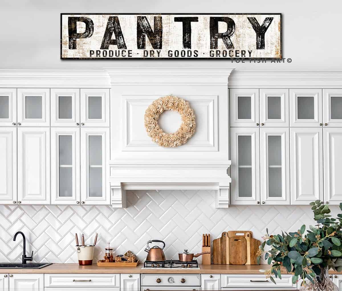 Pantry Produce Dry Goods Grocery Sign handmade by ToeFishArt. Original, custom, personalized wall decor signs. Canvas, Wood or Metal. Rustic modern farmhouse, cottagecore, vintage, retro, industrial, Americana, primitive, country, coastal, minimalist.