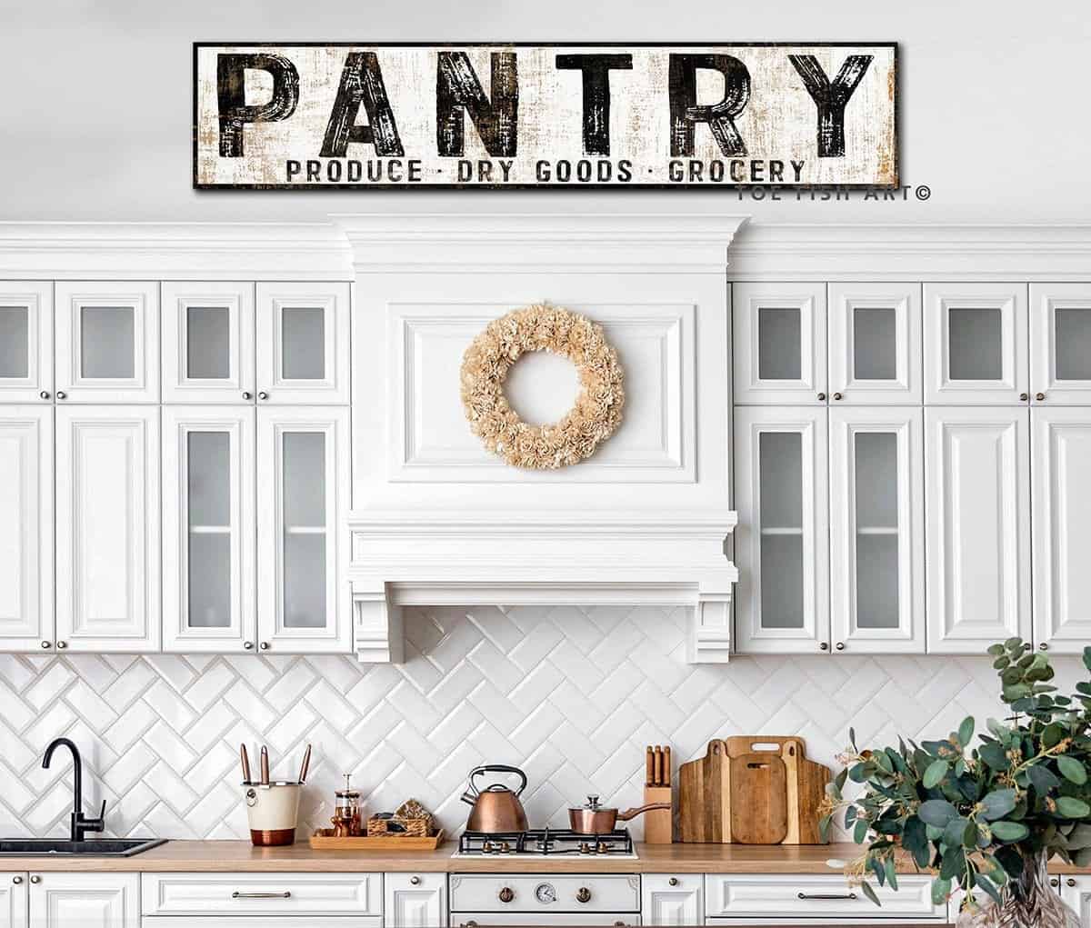 Pantry Produce Dry Goods Grocery Sign handmade by ToeFishArt. Original, custom, personalized wall decor signs. Canvas, Wood or Metal. Rustic modern farmhouse, cottagecore, vintage, retro, industrial, Americana, primitive, country, coastal, minimalist.
