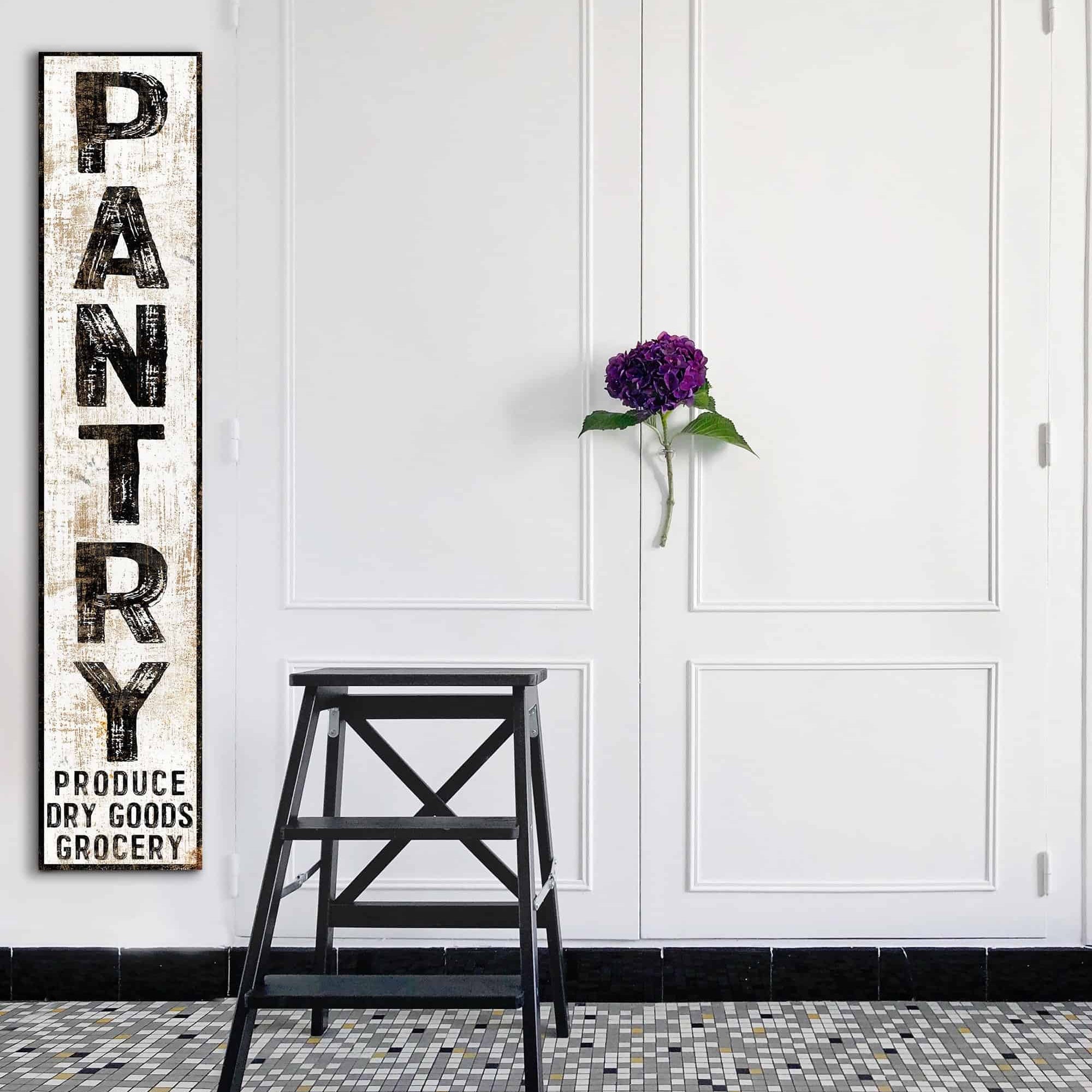 Pantry Produce Dry Goods Grocery Sign handmade by ToeFishArt. Original, custom, personalized wall decor signs. Canvas, Wood or Metal. Rustic modern farmhouse, cottagecore, vintage, retro, industrial, Americana, primitive, country, coastal, minimalist.