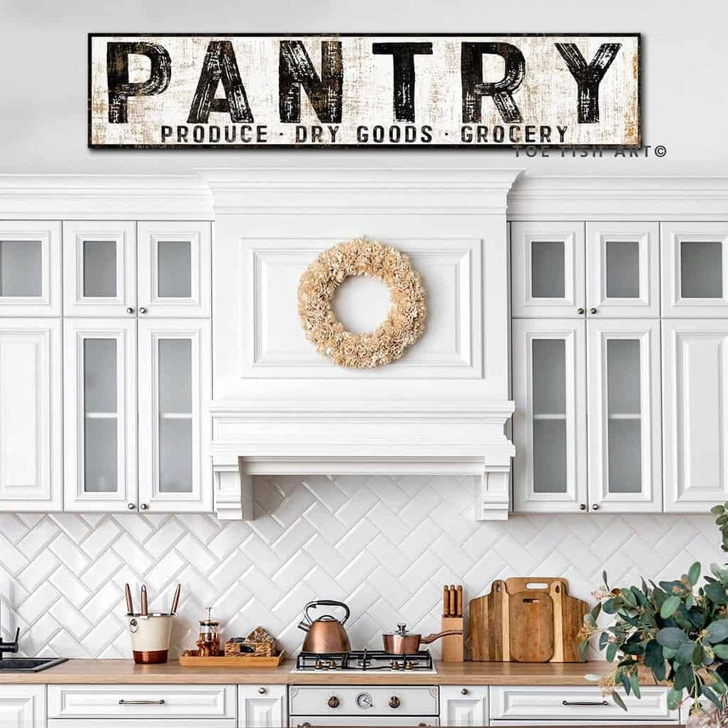 Pantry Produce Dry Goods Grocery Sign handmade by ToeFishArt. Original, custom, personalized wall decor signs. Canvas, Wood or Metal. Rustic modern farmhouse, cottagecore, vintage, retro, industrial, Americana, primitive, country, coastal, minimalist.