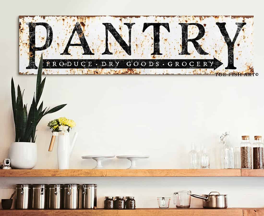 Pantry Sign Rustic Produce Dry Goods Grocery handmade by ToeFishArt. Original, custom, personalized wall decor signs. Canvas, Wood or Metal. Rustic modern farmhouse, cottagecore, vintage, retro, industrial, Americana, primitive, country, coastal, minimalist.