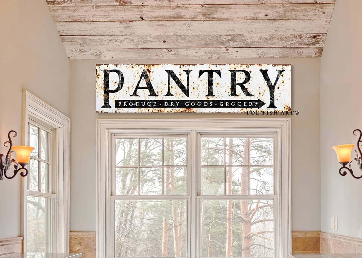 Pantry Sign Rustic Produce Dry Goods Grocery handmade by ToeFishArt. Original, custom, personalized wall decor signs. Canvas, Wood or Metal. Rustic modern farmhouse, cottagecore, vintage, retro, industrial, Americana, primitive, country, coastal, minimalist.