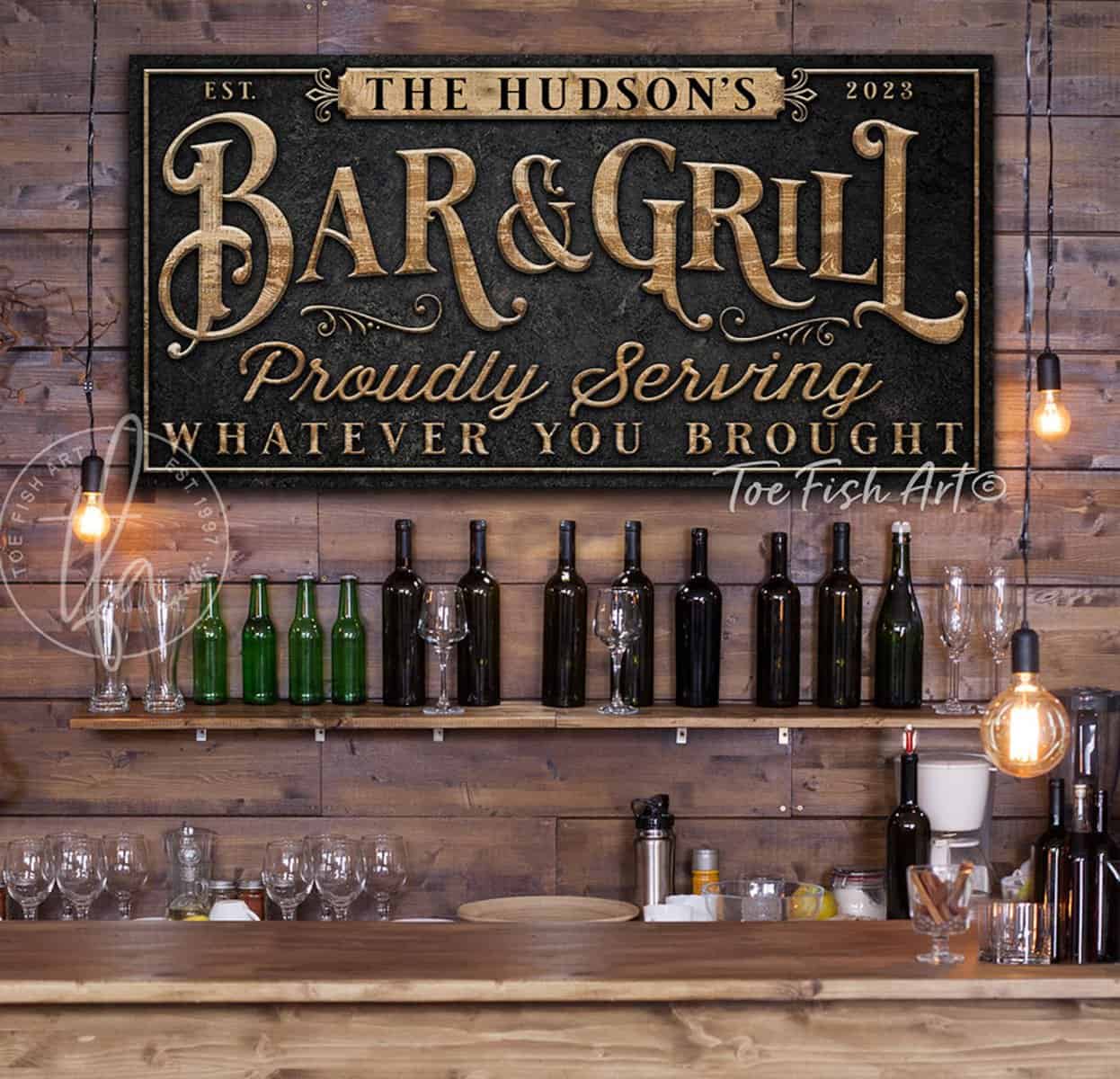 Personalized Bar & Grill Sign Backyard Patio Basement Man Cave Pool Deck Last Name Sign ToeFishArt handmade by ToeFishArt. Original, custom, personalized wall decor signs. Canvas, Wood or Metal. Rustic modern farmhouse, cottagecore, vintage, retro, industrial, Americana, primitive, country, coastal, minimalist.