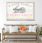 Personalized Carrot Patch Sign with Bunny handmade by ToeFishArt. Original, custom, personalized wall decor signs. Canvas, Wood or Metal. Rustic modern farmhouse, cottagecore, vintage, retro, industrial, Americana, primitive, country, coastal, minimalist.