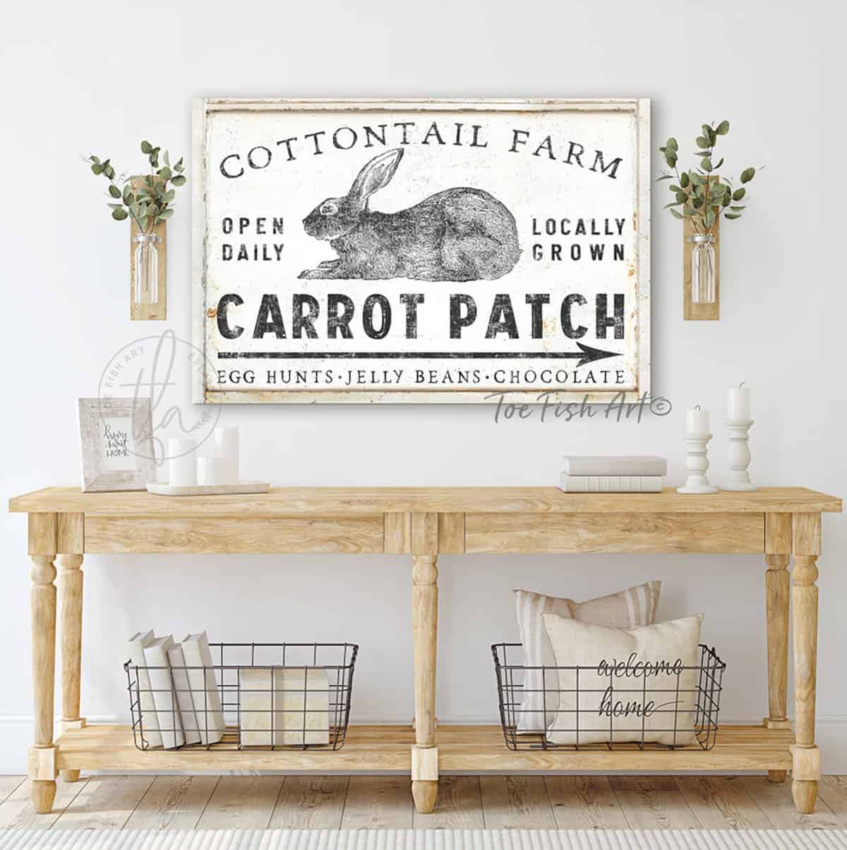 Personalized Carrot Patch Sign with Bunny handmade by ToeFishArt. Original, custom, personalized wall decor signs. Canvas, Wood or Metal. Rustic modern farmhouse, cottagecore, vintage, retro, industrial, Americana, primitive, country, coastal, minimalist.