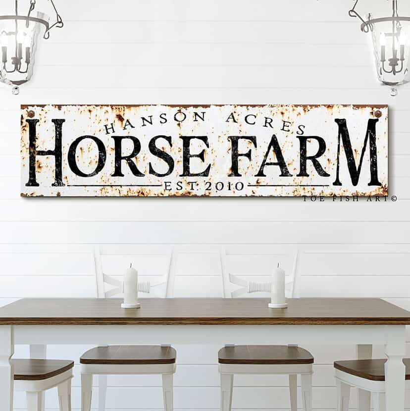 Personalized Horse Farm Sign Family Name Established Date handmade by ToeFishArt. Original, custom, personalized wall decor signs. Canvas, Wood or Metal. Rustic modern farmhouse, cottagecore, vintage, retro, industrial, Americana, primitive, country, coastal, minimalist.
