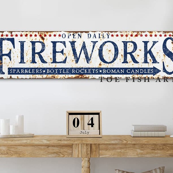 Rustic Fireworks Stand Personalized Sign Family Name Stars-N-Stripes Open Daily