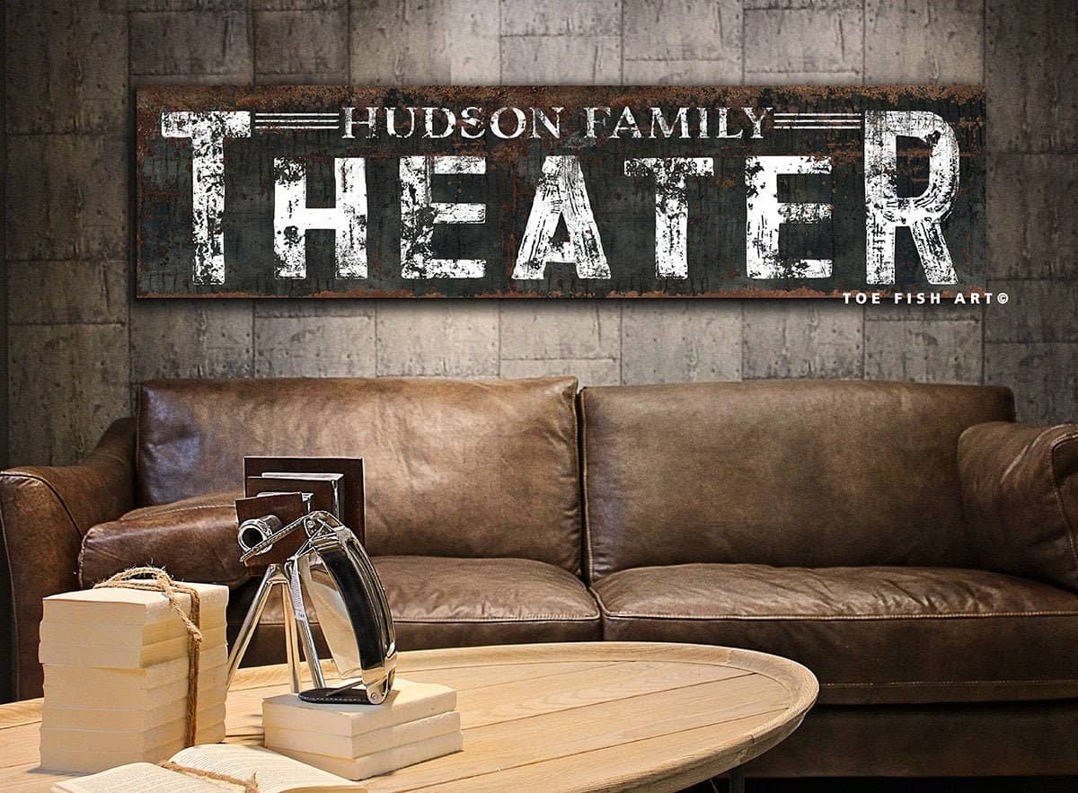 Personalized Theater Sign Family Name handmade by ToeFishArt. Original, custom, personalized wall decor signs. Canvas, Wood or Metal. Rustic modern farmhouse, cottagecore, vintage, retro, industrial, Americana, primitive, country, coastal, minimalist.