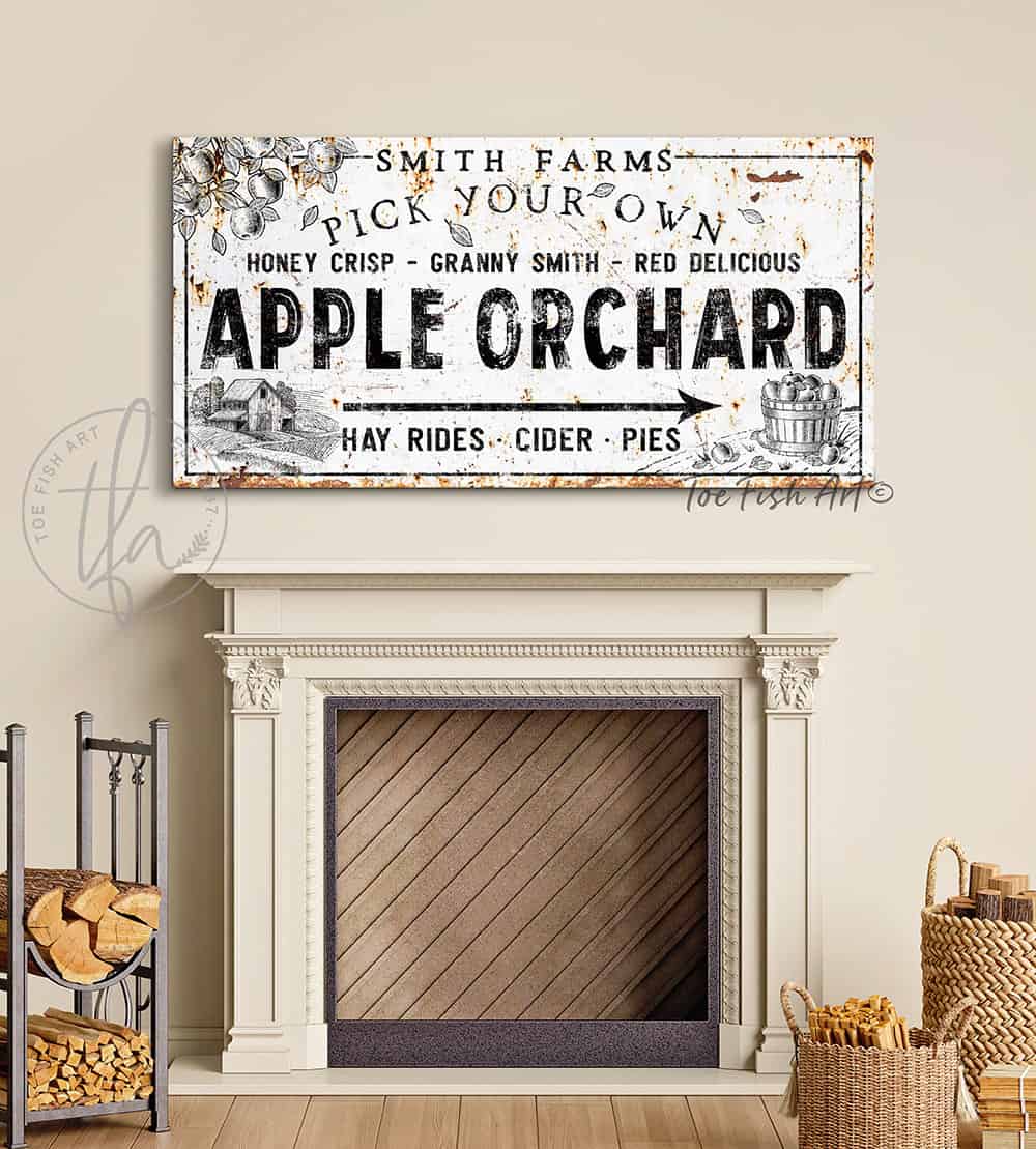 Pick Your Own Apple Orchard Sign handmade by ToeFishArt. Original, custom, personalized wall decor signs. Canvas, Wood or Metal. Rustic modern farmhouse, cottagecore, vintage, retro, industrial, Americana, primitive, country, coastal, minimalist.
