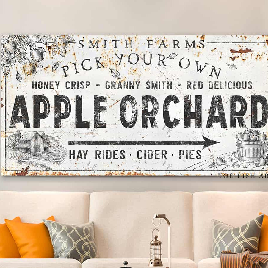 Pick Your Own Apple Orchard Sign handmade by ToeFishArt. Original, custom, personalized wall decor signs. Canvas, Wood or Metal. Rustic modern farmhouse, cottagecore, vintage, retro, industrial, Americana, primitive, country, coastal, minimalist.