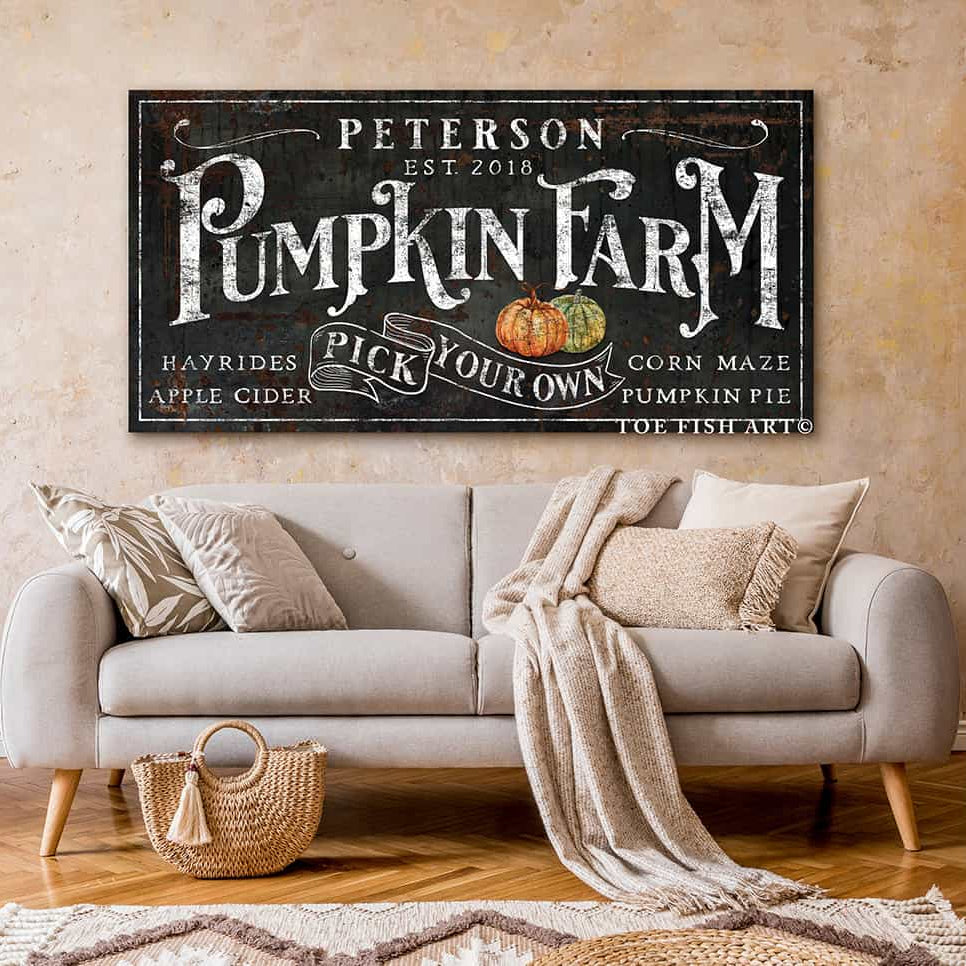 Pick Your Own Pumpkin Farm Sign handmade by ToeFishArt. Original, custom, personalized wall decor signs. Canvas, Wood or Metal. Rustic modern farmhouse, cottagecore, vintage, retro, industrial, Americana, primitive, country, coastal, minimalist.
