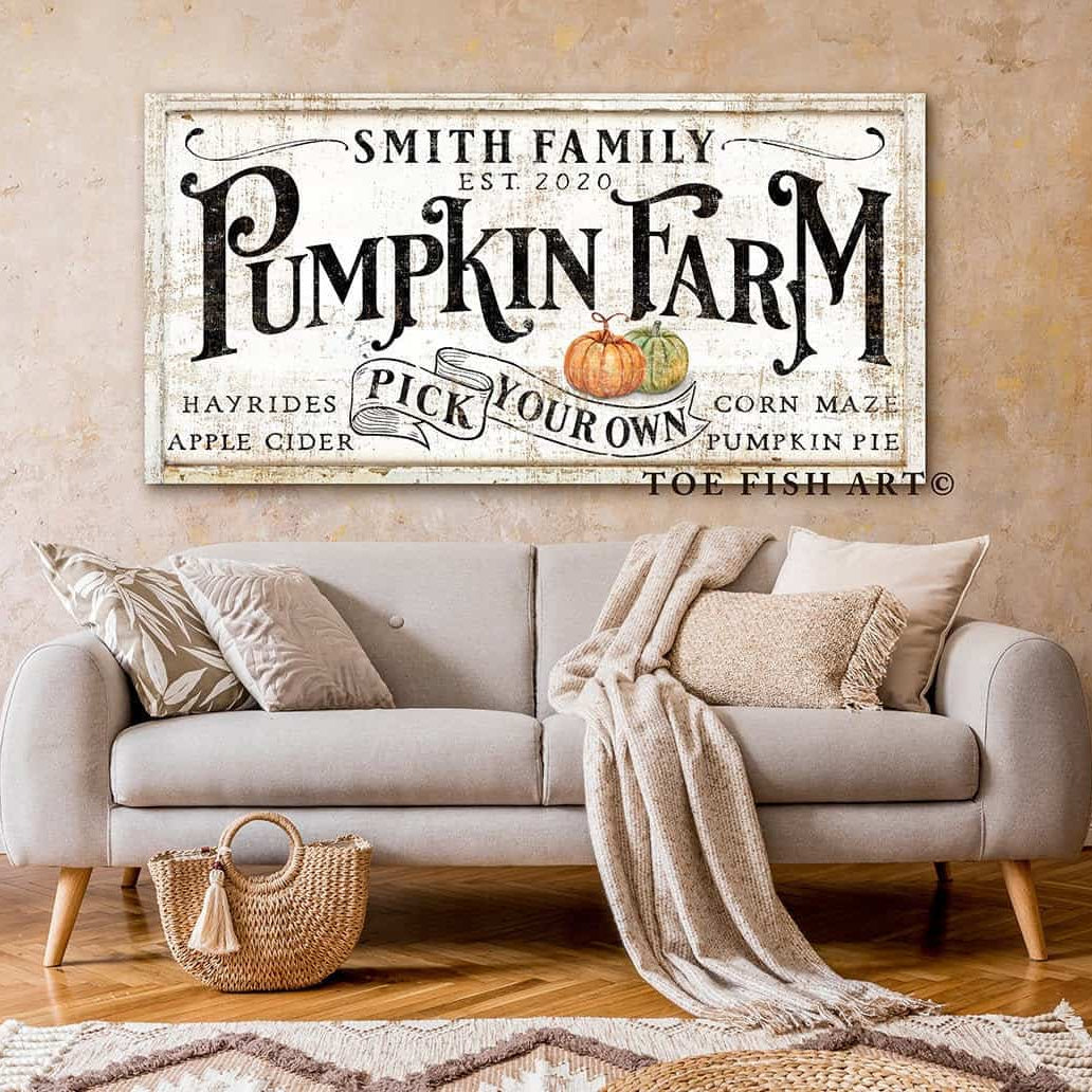 Pick Your Own Pumpkin Farm Sign handmade by ToeFishArt. Original, custom, personalized wall decor signs. Canvas, Wood or Metal. Rustic modern farmhouse, cottagecore, vintage, retro, industrial, Americana, primitive, country, coastal, minimalist.