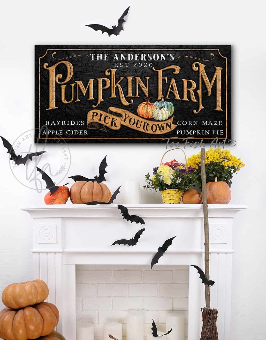 Pick Your Own Pumpkin Farm Sign handmade by ToeFishArt. Original, custom, personalized wall decor signs. Canvas, Wood or Metal. Rustic modern farmhouse, cottagecore, vintage, retro, industrial, Americana, primitive, country, coastal, minimalist.