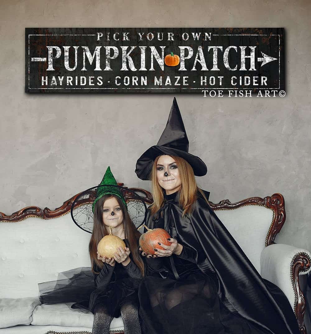 Pick Your Own Pumpkin Patch Sign handmade by ToeFishArt. Original, custom, personalized wall decor signs. Canvas, Wood or Metal. Rustic modern farmhouse, cottagecore, vintage, retro, industrial, Americana, primitive, country, coastal, minimalist.