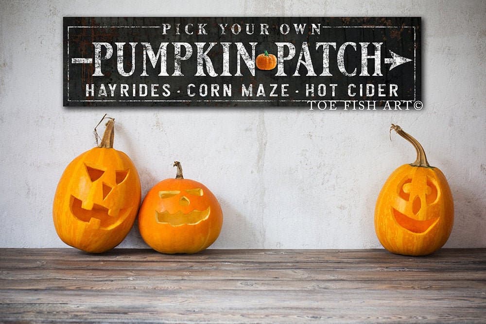 Pick Your Own Pumpkin Patch Sign handmade by ToeFishArt. Original, custom, personalized wall decor signs. Canvas, Wood or Metal. Rustic modern farmhouse, cottagecore, vintage, retro, industrial, Americana, primitive, country, coastal, minimalist.