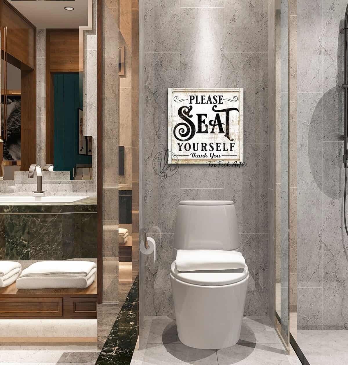 Please Seat Yourself Sign handmade by ToeFishArt. Original, custom, personalized wall decor signs. Canvas, Wood or Metal. Rustic modern farmhouse, cottagecore, vintage, retro, industrial, Americana, primitive, country, coastal, minimalist.