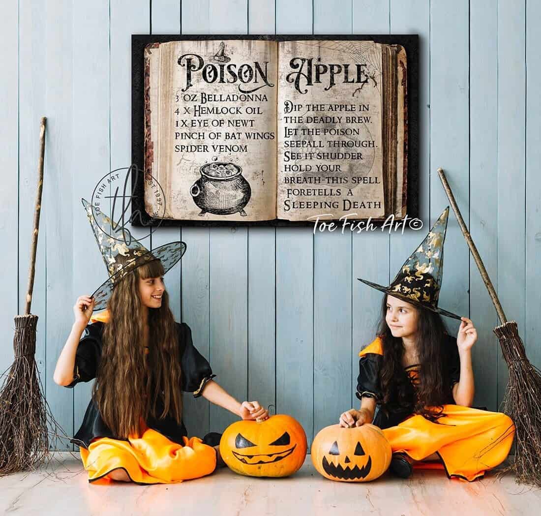 Poison Apple Spell Sign handmade by ToeFishArt. Original, custom, personalized wall decor signs. Canvas, Wood or Metal. Rustic modern farmhouse, cottagecore, vintage, retro, industrial, Americana, primitive, country, coastal, minimalist.