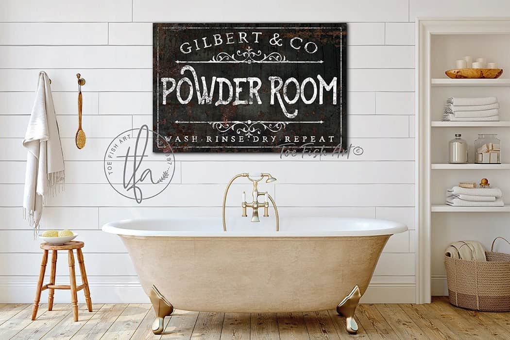 Powder Room Sign handmade by ToeFishArt. Original, custom, personalized wall decor signs. Canvas, Wood or Metal. Rustic modern farmhouse, cottagecore, vintage, retro, industrial, Americana, primitive, country, coastal, minimalist.