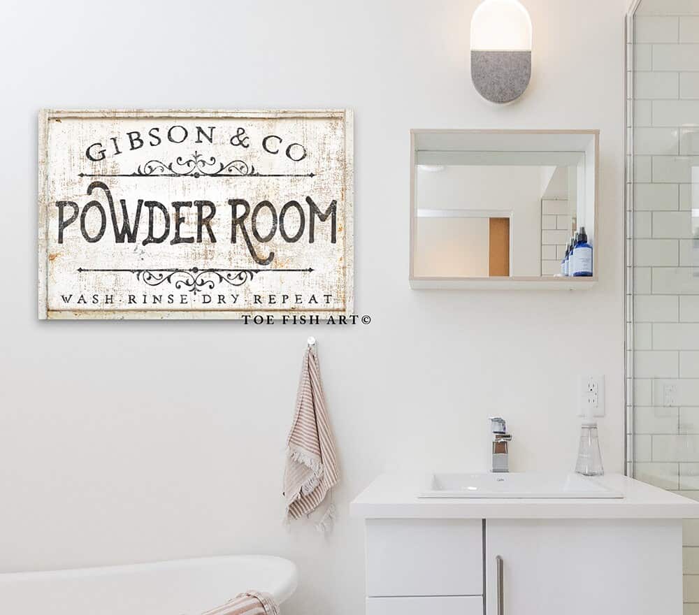 Powder Room Sign handmade by ToeFishArt. Original, custom, personalized wall decor signs. Canvas, Wood or Metal. Rustic modern farmhouse, cottagecore, vintage, retro, industrial, Americana, primitive, country, coastal, minimalist.