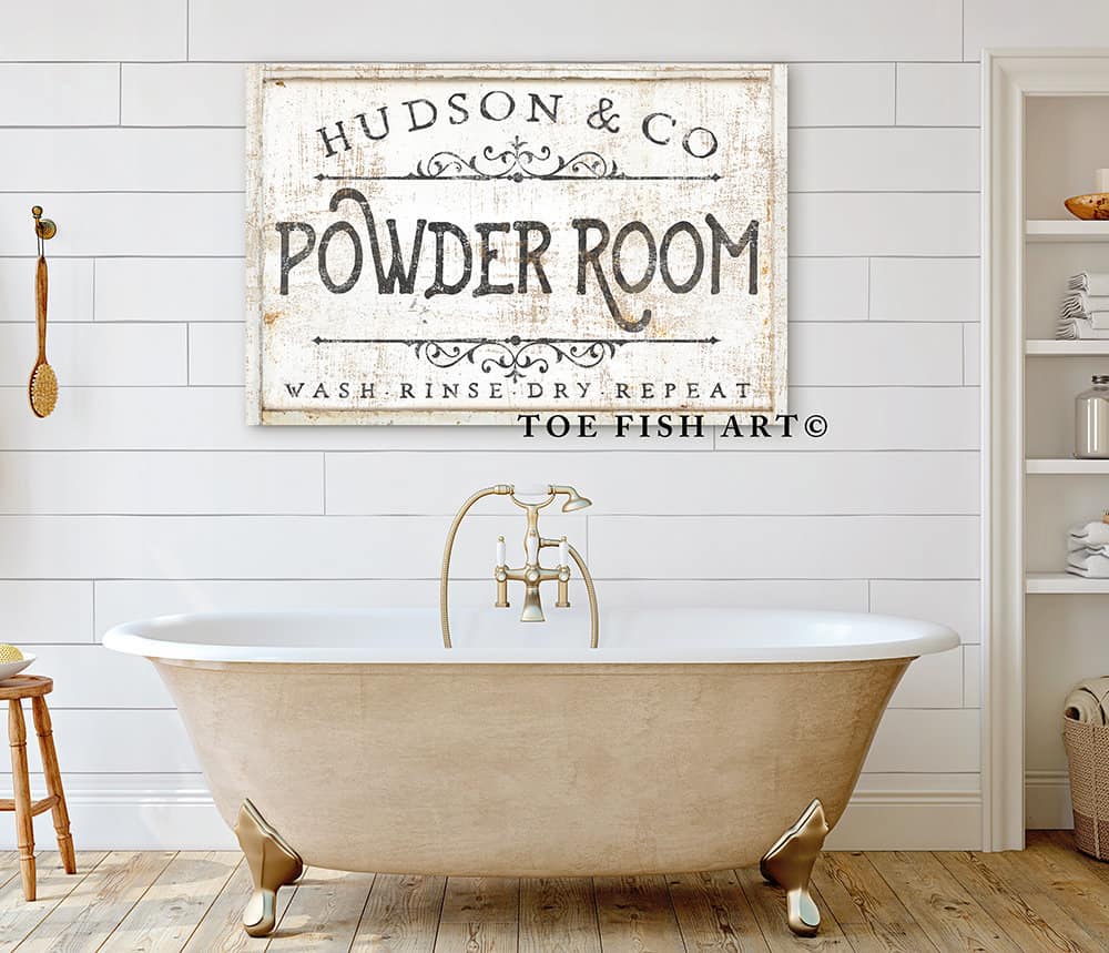 Powder Room Sign handmade by ToeFishArt. Original, custom, personalized wall decor signs. Canvas, Wood or Metal. Rustic modern farmhouse, cottagecore, vintage, retro, industrial, Americana, primitive, country, coastal, minimalist.