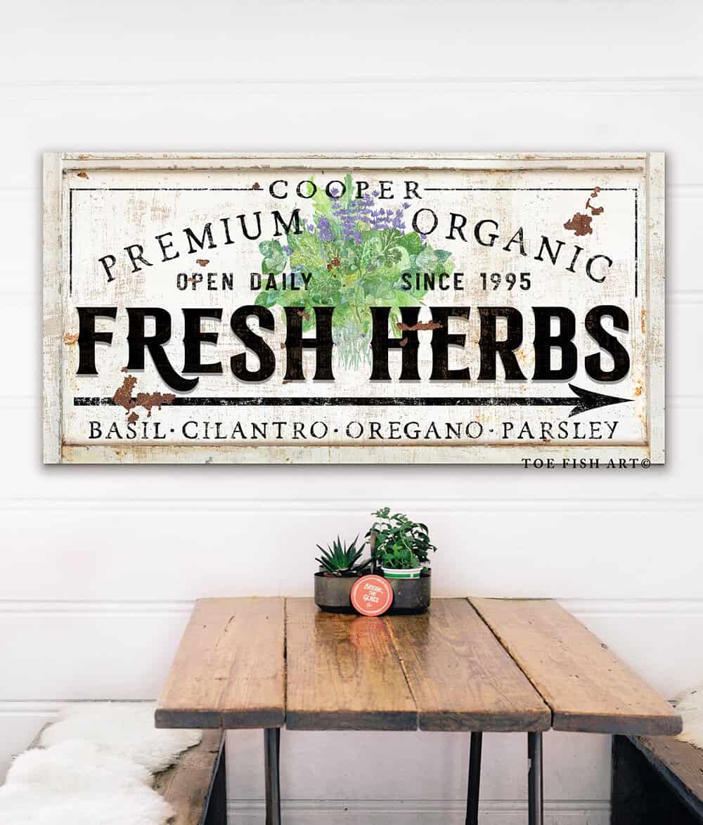 Premium Organic Fresh Herbs Sign handmade by ToeFishArt. Original, custom, personalized wall decor signs. Canvas, Wood or Metal. Rustic modern farmhouse, cottagecore, vintage, retro, industrial, Americana, primitive, country, coastal, minimalist.