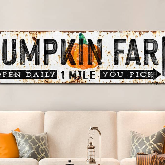 Pumpkin Farm Sign You Pick Open Daily handmade by ToeFishArt. Original, custom, personalized wall decor signs. Canvas, Wood or Metal. Rustic modern farmhouse, cottagecore, vintage, retro, industrial, Americana, primitive, country, coastal, minimalist.